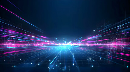 Poster - Abstract Digital Network Visualization With Blue And Purple Light Streaks And Grid Structure For Futuristic Background