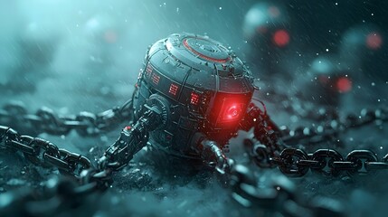Poster - industrial power struggle factory robots pulling on chains of global economy
