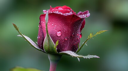 Poster - Morning dew on a vibrant red rose close-up nature photography garden setting macro perspective