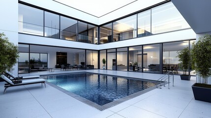 Aufkleber - Modern minimalist home with pool urban setting architectural design contemporary style aerial perspective luxury living