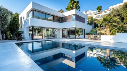 Aufkleber - Contemporary minimalist home with clean lines modern poolside architectural design sunny environment elegant aesthetics