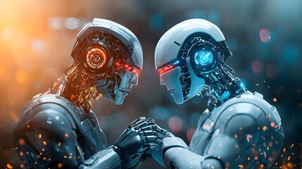 Poster - Futuristic 3D depicting robotic traders engaged in a fierce battle on a virtual market battlefield