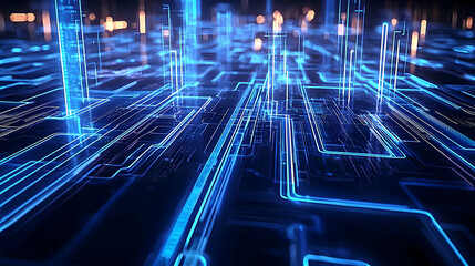 Poster - Futuristic Cityscape With Glowing Blue Circuits And Digital Networks On Dark Background Technology Concept