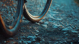 Close up view of bicycle tires on rocky terrain displaying adventure cycling and exploration