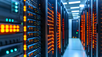Poster - Dark Data Center With Illuminated Server Racks in Blue and Orange Modern Technology Infrastructure