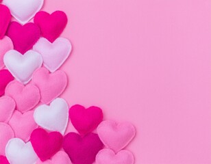 Wall Mural - Pink and red felt heart border on a pastel pink background. Perfect for Valentine's Day cards, social media, and romantic-themed advertisements with copy space.