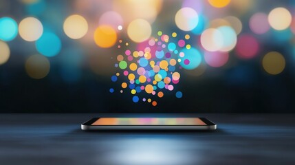 Poster - Holographic Icons Floating Above Digital Tablet Surrounded by Colorful Bokeh Lights in a Futuristic Scene