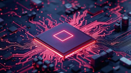 Poster - Neon Circuit Board with Glowing Pathways in High-Tech Design for Futuristic Digital Environments