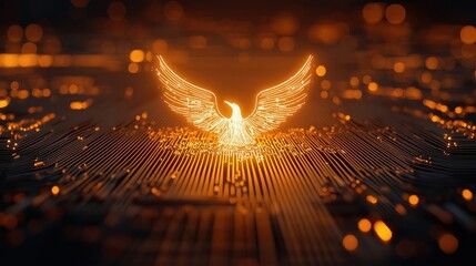 Poster - Digital Phoenix Rising from Holographic Data in a Fire-inspired Glow over a Technology Background