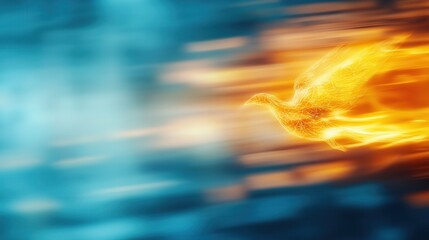 Poster - Digital Phoenix Rising from Holographic Data with Fiery Elements in a Futuristic Setting
