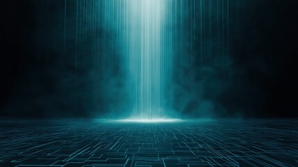 Poster - Digital Waterfall Cascading Down into Pool of Glowing Light in Futuristic Environment