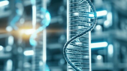 Poster - Holographic DNA Strands Floating in a Futuristic Biotech Environment