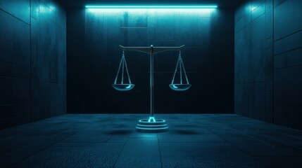 Poster - Futuristic AI Generated Courtroom with Glowing Justice Scale in a Dark High-Tech Environment