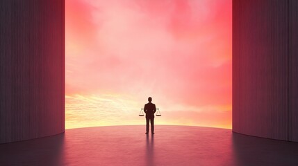 Poster - Futuristic AI Generated Courtroom Scene with Glowing Scales of Justice Under a Dramatic Sky