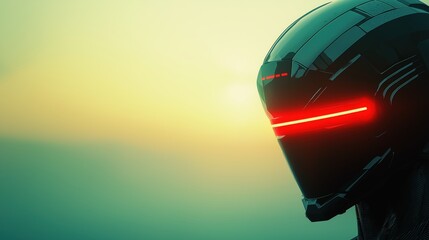 Poster - Futuristic Cybernetic Soldier with AI Powered Visor in a Surreal Landscape at Dusk