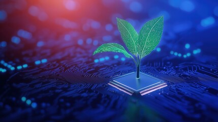Poster - Cybernetic Tree Growing from Chip with AI Elements in Futuristic Digital Environment