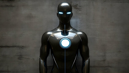 Poster - Sleek, metallic humanoid figure with glowing blue eyes and chest plate, set against a dark textured background