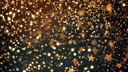 Poster - Sparkling golden rainbow magic stars bokeh backdrop. Featuring various types of glitter and unique bokeh shapes with light effects. Space glittering bokeh effects backdrop.