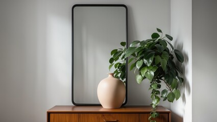 Poster - Minimalist aesthetic frame mockup poster template positioned on the table against the white wall from a side view. Wall in contemporary interior background.