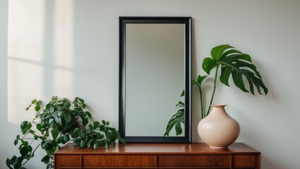 Poster - Minimalist aesthetic frame mockup poster template positioned on the table against the white wall from a side perspective. Wall in contemporary interior backdrop.
