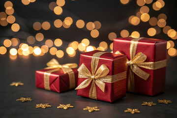 luxurious and simple christmas gift with red bow and pine branch on black background, perfect for th