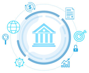 Poster - banking and finance concept with blue icons including a bank, globe, dollar, contract, target, lock,