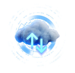 Fototapete - Cloud with glowing upload and download arrows, surrounded by binary code and digital graphics on a white background. Concept of data storage and cloud computing. 3D Rendering