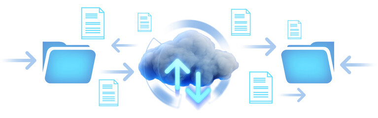 Fototapete - Cloud computing concept with data transfer between folders and cloud storage, represented by blue arrows and document icons on a white background. 3D Rendering