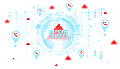 Poster - Abstract graphic of import tariffs concept with red triangle, percentage symbols, and world map in digital blue theme. Global trade and economy impact. 3D Rendering