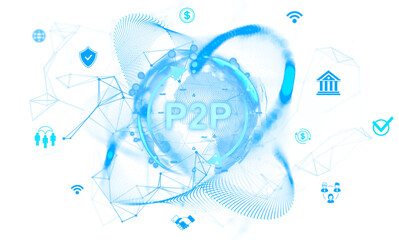 Poster - digital p2p financial network concept with futuristic blue design, abstract connections, banking sym