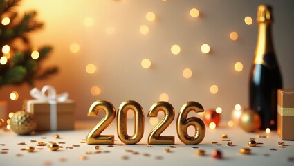 Poster - happy new year background for new year holidays card featuring bright lights, gifts, and a bottle of champagne