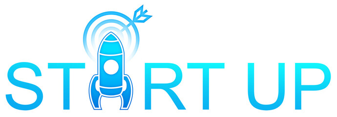 Poster - Startup logo featuring a blue gradient rocket launching towards a target with an arrow. The design symbolizes business growth, innovation, and success. 3D Rendering.