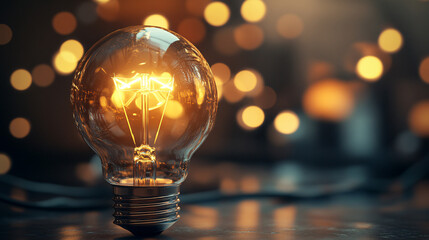 Poster - a glowing light bulb with a warm filament, surrounded by soft bokeh lights, creating a cozy and invi