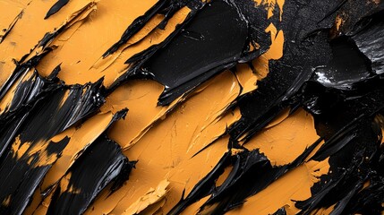 Wall Mural - Abstract Acrylic Texture: Bold strokes of black and ochre acrylic paint converge, creating a textured surface with an edgy, artistic feel.