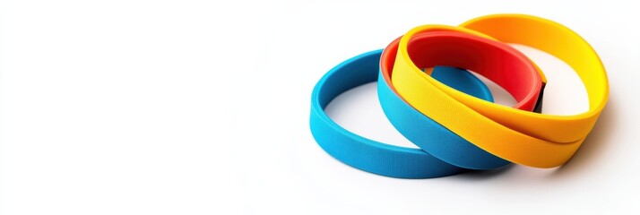 Poster - Colorful fitness bands crossing at angles on a white background showcasing balance and minimalist style
