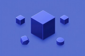 Poster - Blue 3D shapes, cubes, and cylinder on blue background.