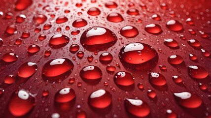 Poster - Crimson Reflections: A macro shot capturing multiple water droplets resting on a surface, showcasing vibrant reflections and the delicate dance of light.