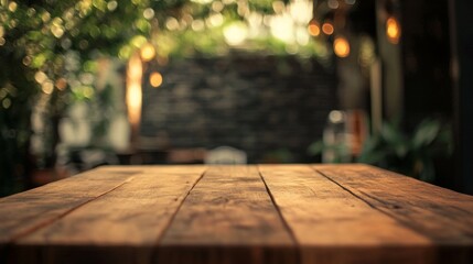 Aufkleber - Bathed in soft evening light, a brown wooden table stands empty amidst lush greenery, evoking a sense of calm and potential for gatherings or quiet reflection at dusk
