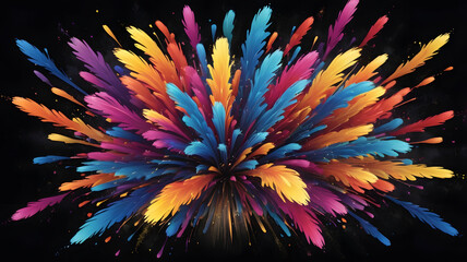 Poster - Exploding Colors: A vibrant explosion of multicolored feathers bursts forth against a dark backdrop, creating a dramatic visual spectacle that captivates the eye with its dynamic energy and bold hues.
