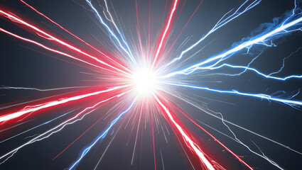 Poster - dynamic energy burst: a captivating display of vibrant red and blue energy bolts converging towards 