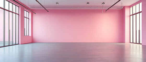 Poster - Spacious Empty Pink Room With Concrete Floor Large Windows And Modern Lighting Design Ideal For Gallery Or Studio Use