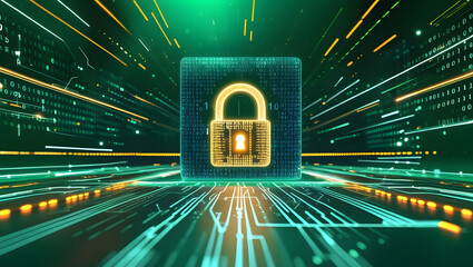 Poster - Cybersecurity Fortress: A glowing padlock icon symbolizes digital security, data protection, and network safety within a dynamic, futuristic digital landscape.