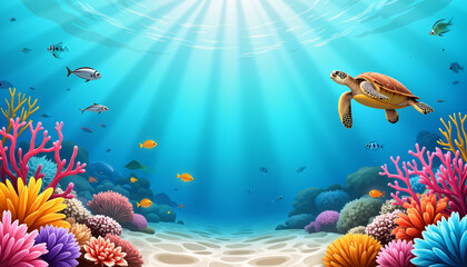 Naklejka na meble Vibrant underwater scene featuring sea turtle and coral reefs, ocean beauty