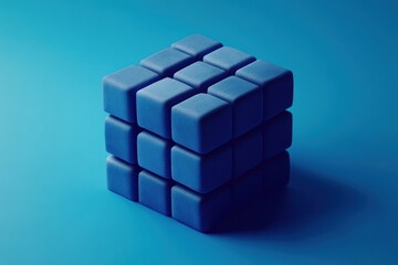 Poster - Blue cube composed of smaller cubes on blue background.