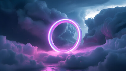 Poster - Neon Ring in the Clouds: An ethereal, glowing neon ring floats amidst a dramatic, cloud-filled sky reflected in water, a mesmerizing blend of technology and nature.