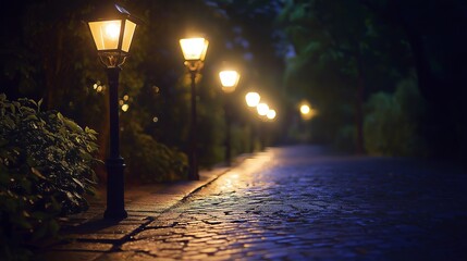 Fototapete - A European cobblestone street lit by vintage street lamps