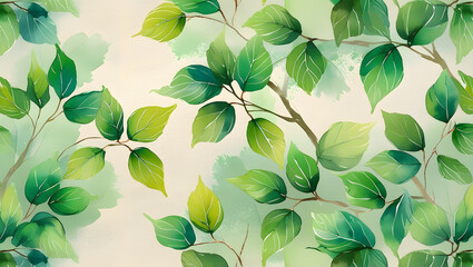Poster - Spring's Embrace: Fresh green leaves burst from elegant branches, creating a serene and vibrant scene that evokes a sense of renewal and growth, captured in a watercolor style.