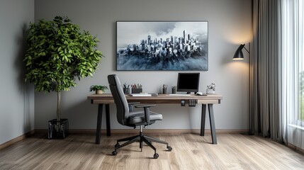 Poster - Stylish ergonomic desk in minimalist home office urban setting interior design cozy atmosphere modern aesthetic