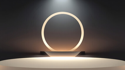 Poster - Illuminated Stage with Ring Light: A modern, minimalist stage setting with a luminous ring light casting a warm glow, perfect for product display or showcasing artistic creations.