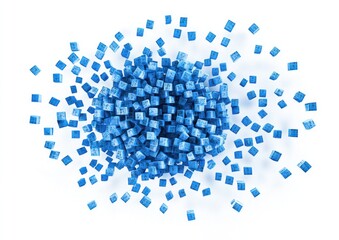 Poster - Blue cubes exploding outwards from a central point on a white background.